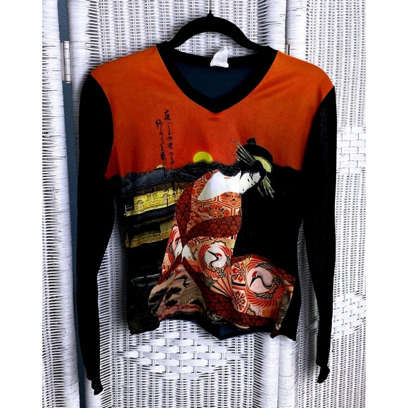 Scoop! Tops - Scoop! Y2K Geisha Print Top Black Sheer Sleeve Orange Graphic Retro Novelty M